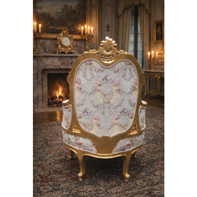 1970 French Louis XVI Gold Beech Damask Bergères - Pair For Sale - Image 12 of 14