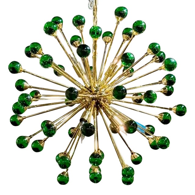 Modern Green Murano Glass and Brass Sputnik Chandelier For Sale