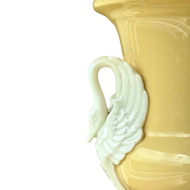 French Country Antique French Pale Yellow Porcelain Swan Handle Lamp For Sale - Image 3 of 10