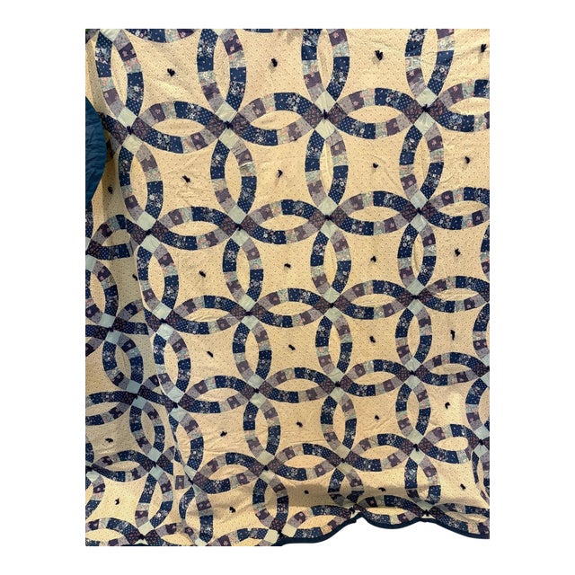 87"x 78" Custom Vintage Blue and White Wedding Ring Vintage Quilt With Scalloped Edge For Sale
