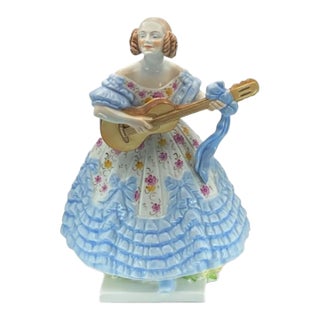 Herend Deryne (Mrs. Dery) Large 14” Porcelain Figure: Woman With Guitar/Mandolin (Blue Gown, Floral Motifs) Ligeti Early Mark, Vintage #5753 For Sale