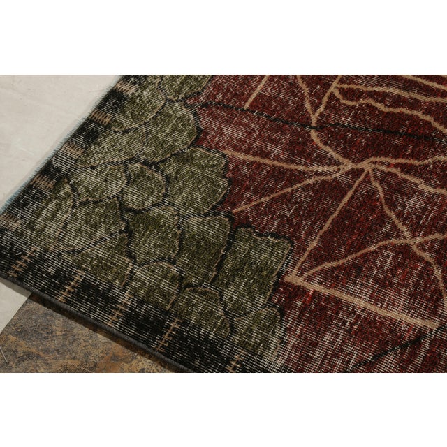 Textile 1960s Vintage Art Deco Rug in Red, Green, Black, Distressed Geometric Pattern For Sale - Image 7 of 8