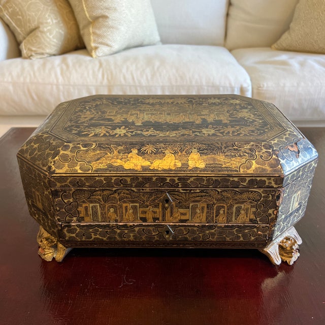 Antique 19th Century Chinese Export Black Lacquered Work Box