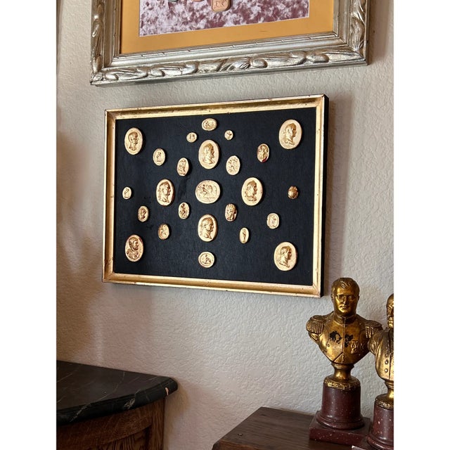 Wood Grand Tour Neoclassical Gilded Collection of Classical Intaglio and Cameo on the Leather Ground With Gilt Frame For Sale - Image 7 of 10