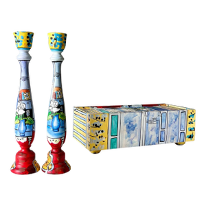 Late 20th Century Matisse Style Hand Painted Wood Candlestick Holders With Box - a Pair