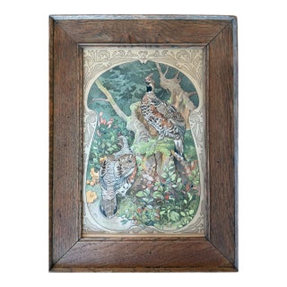 Antique 1890s Jugendstil Grouse Lithograph Art Nouveau Bird Pair Mission Frame Reproduction For Sale