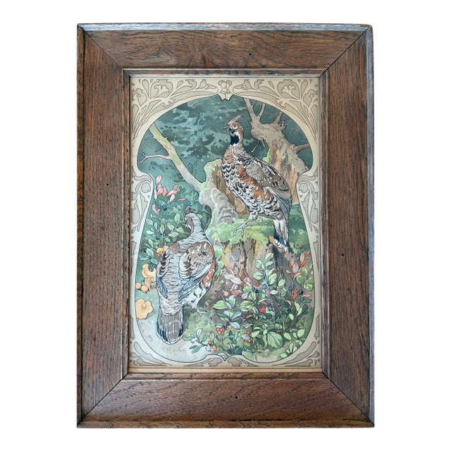 Antique 1890s Jugendstil Grouse Lithograph Art Nouveau Bird Pair Mission Frame Reproduction For Sale