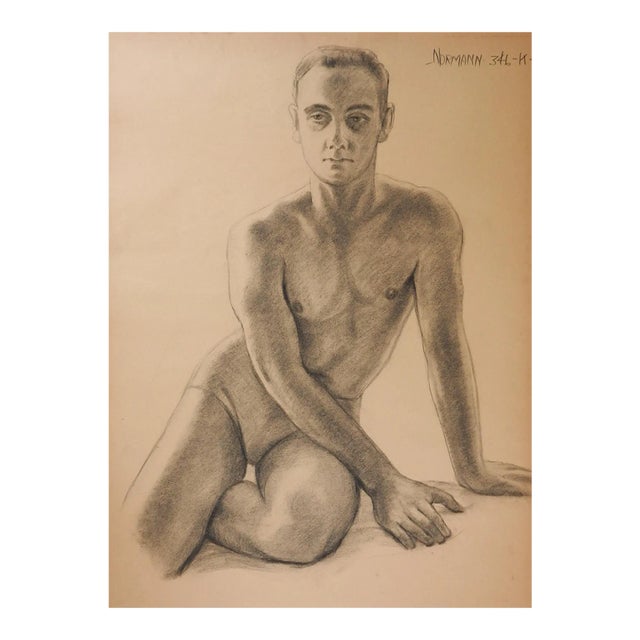 Vintage 1950s Charles Normann Male Charcoal Drawing For Sale