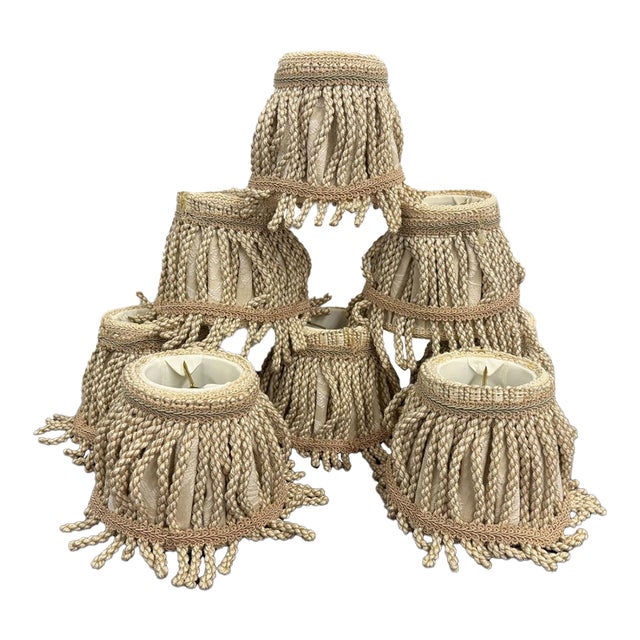 Vintage Hollywood Regency Bullion Fringe Champagne Chandelier Lamp Shades - Set of 8 For Sale