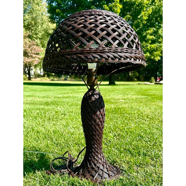 Industrial Heywood Wakefield Style Wicker/Rattan Woven, Mushroom-Shaped Table Lamp, Circa 1920-30’s For Sale - Image 3 of 10