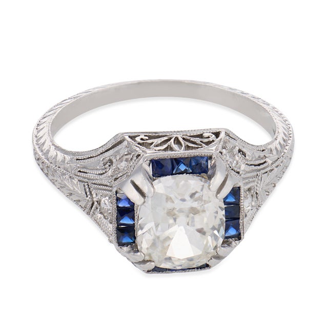 Art Deco 1920s Art Deco Gia 1.52 Carat Diamond Sapphire Platinum Engagement Ring, Size 6.75 For Sale - Image 3 of 5