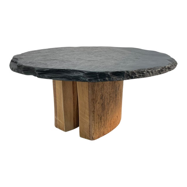 Late 20th Century Soapstone Cake Dessert Plate With Natural Wood Base For Sale