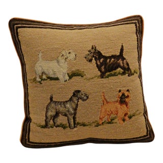 Vintage Hand-Stitched Wool Needlepoint Four Terrier Dog Pillow For Sale
