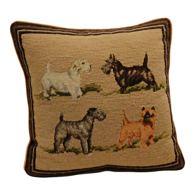 Vintage Hand-Stitched Wool Needlepoint Four Terrier Dog Pillow For Sale