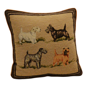 Vintage Hand-Stitched Wool Needlepoint Four Terrier Dog Pillow
