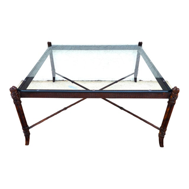Maitland Smith Style Faux Metal Bamboo Glass & Leather Cocktail Table For Sale