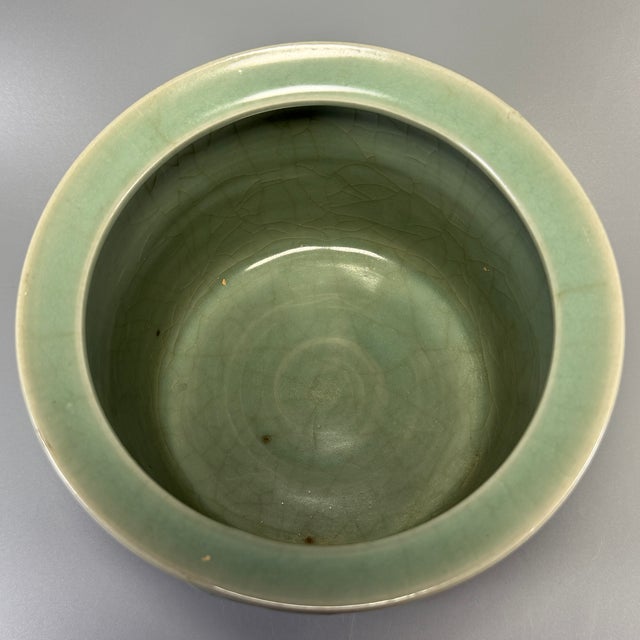 Chinese Antique Chinese Celadon Tripod Censer With Carved Floral Motifs, Collectible Antique For Sale - Image 3 of 7