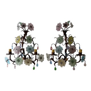Italian Murano Multicolor Prisms Flowers Gilt Metal Sconces, C 1930 For Sale