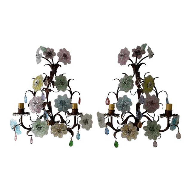 Italian Murano Multicolor Prisms Flowers Gilt Metal Sconces, C 1930 For Sale