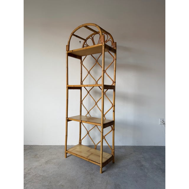 Vintage Coastal Arched Top Rattan Étagère With Wood Shelves For Sale - Image 4 of 13