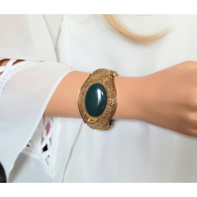 Gold Vintage Chinese Export Filigree Gilded Silver Bracelet With Bloodstone Cabochon For Sale - Image 8 of 10