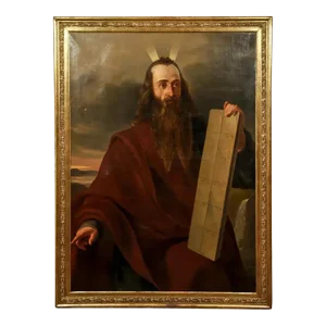 Mid 19th Century Oil on Canvas Painting of Moses With the 10 Commandments Signed by Artist Gustav Dittenberger