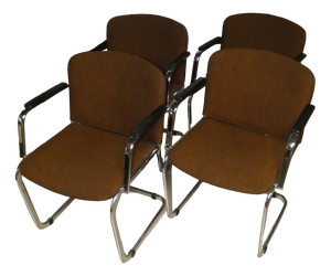 Vintage Italian Dining Armchairs in Wool and Steel, 1970s, Set of 4