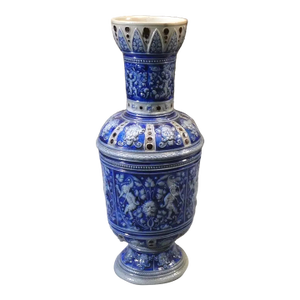 Mid 19th Century German Renaissance Revival Westerwald Salt Glazed Stoneware Green Man Motifs Footed Rouleau Vase