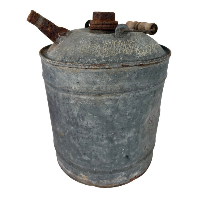 Early 20th-Century Galvanized Metal Oil Can With Wooden Handle For Sale
