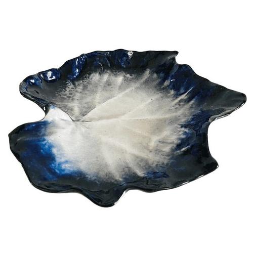 Rare vintage mid-century Pol Chambost blue leaf-shaped ceramic bowl from the 1950s. The bowl is signed on the bottom (see...