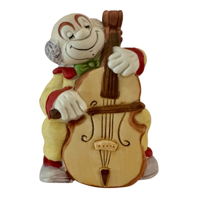 Vintage 1970s Bisque Porcelain Clown With Cello Bell For Sale