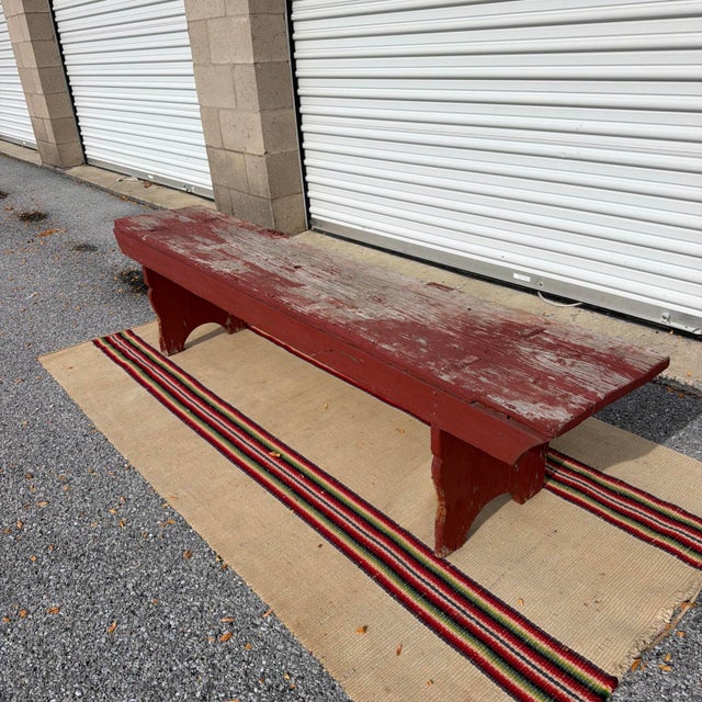 Mid 19th Century Antique Pennsylvania Mortised Bench in Old Red Paint, Lancaster County, Circa 1860s For Sale - Image 5 of 18