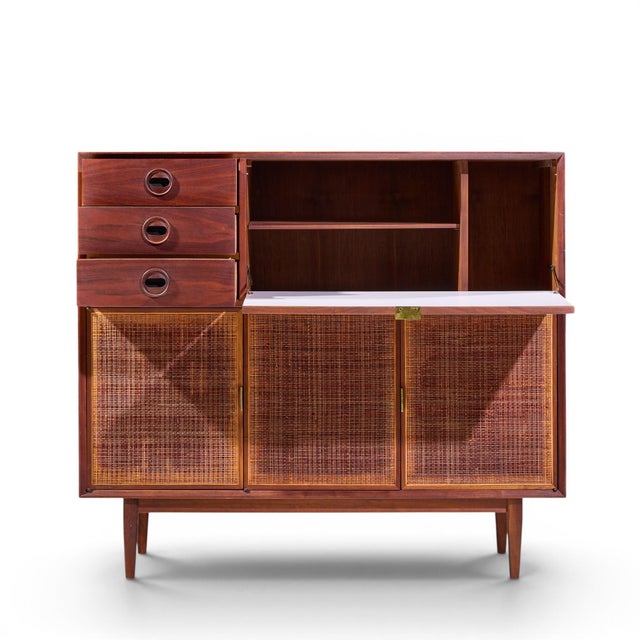 Jack Cartwright for Founders Mid Century Walnut and Cane Bar Cabinet For Sale In Chicago - Image 6 of 10