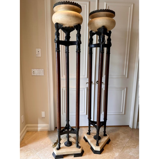 Neoclassical Vintage Neoclassical Bronze & Alabaster Torchiere Floor Lamps - Pair For Sale - Image 3 of 12