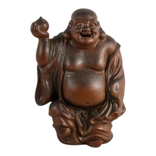 Signed Concrete Laughing Buddha Statue With Reddish Brown Finish Asian Garden Sculpture For Sale