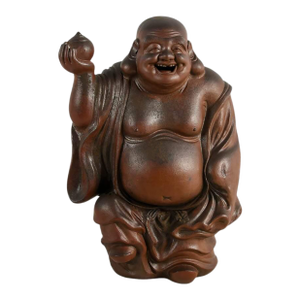 Signed Concrete Laughing Buddha Statue With Reddish Brown Finish Asian Garden Sculpture