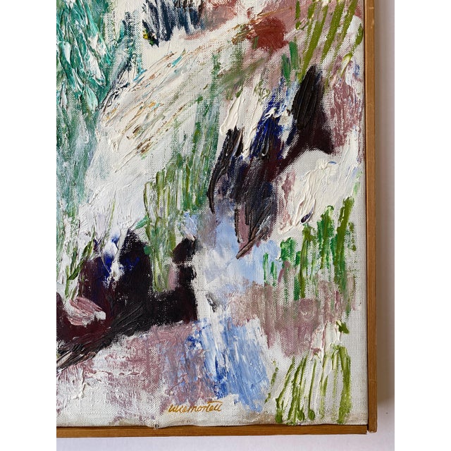 1970s abstracted painting on canvas of leaves and grass in light snow...palette of greens, pinks, white and black by...