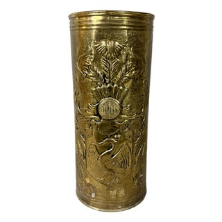 Vintage Embossed Brass Umbrella Stand With Heraldic Bird & Foliate Motif For Sale