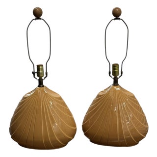 1980 Art Deco Shell Style Coral Tan Table Lamps- A Pair For Sale