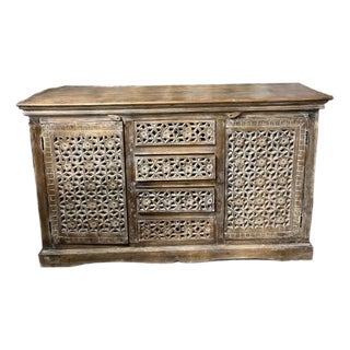1920s Natural Whitewash Carved Sideboard Buffet Dresser Boho Credenza Chest For Sale
