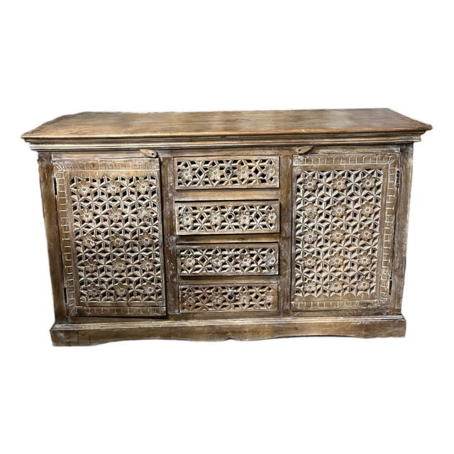 1920s Natural Whitewash Carved Sideboard Buffet Dresser Boho Credenza Chest For Sale