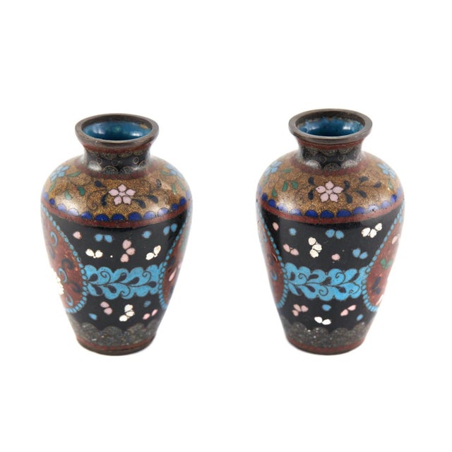 Offered for sale is this miniature pair of antique Japanese cloisonne vases of good quality with wonderful cloisonné...