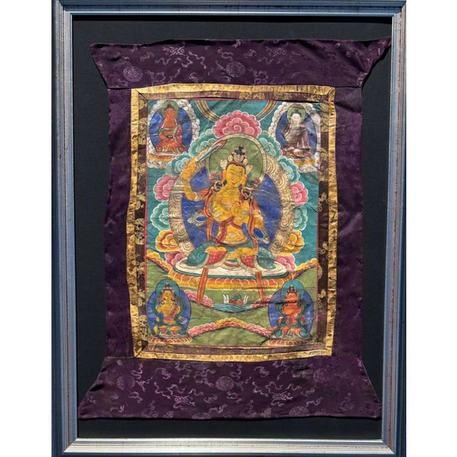 Antique 19th Century Tibetan Manjushri Thangka – Bodhisattva of Wisdom in Custom Silver Gilt Frame For Sale - Image 4 of 18