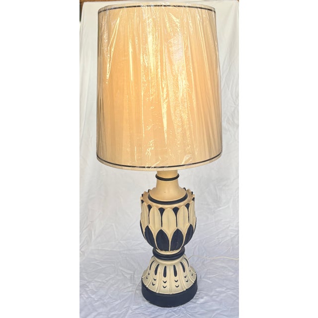 Mid-Century Modern Mid- Century Modern Blue and White Lotus Leaf Plaster Lamp and Shade For Sale - Image 3 of 8