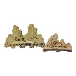 Chinese Soapstone Carved Tianzi Mountains Scene a --Group of 2 For Sale