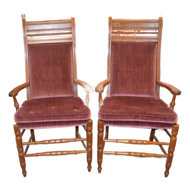 1950s Vintage Pair of Dark Pink / Mauve Velvet & Carved Wood Attributed to Eastlake Arm / Side Chairs For Sale