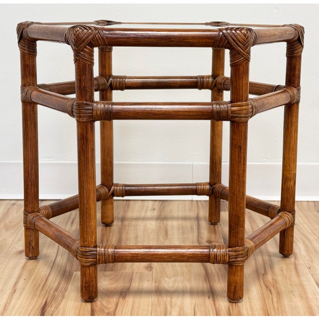 Chinoiserie Vintage Angular Rattan Glass Top Side Table For Sale - Image 3 of 8
