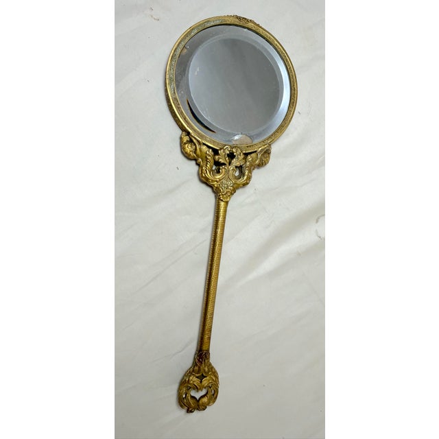 Large Antique 19th Century Gilt Bronze Petit Point Embroidery Vanity Hand Mirror For Sale - Image 13 of 14