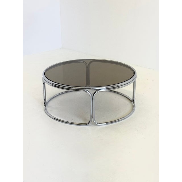 Space Age Coffee Table with Smoked Glass and Chrome, 1970s, in Very Good conditions. Designed 1970 to 1979