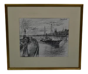 Mid 20th Century "Entering the City on the River" Ink Drawing by Raymond Lemarchand, Framed